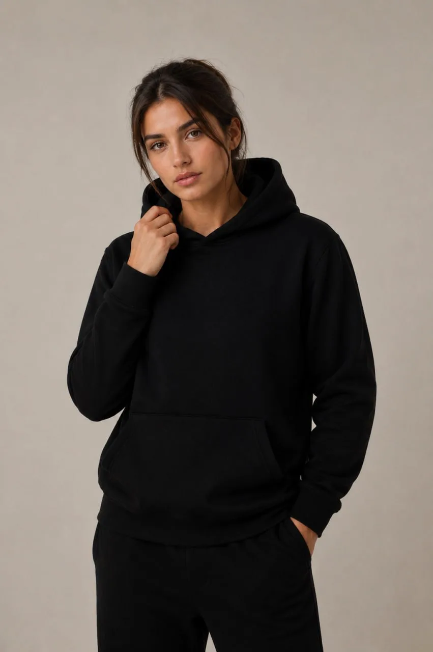 Premium Hoodie — Am Modell — Schwarz (Damen)